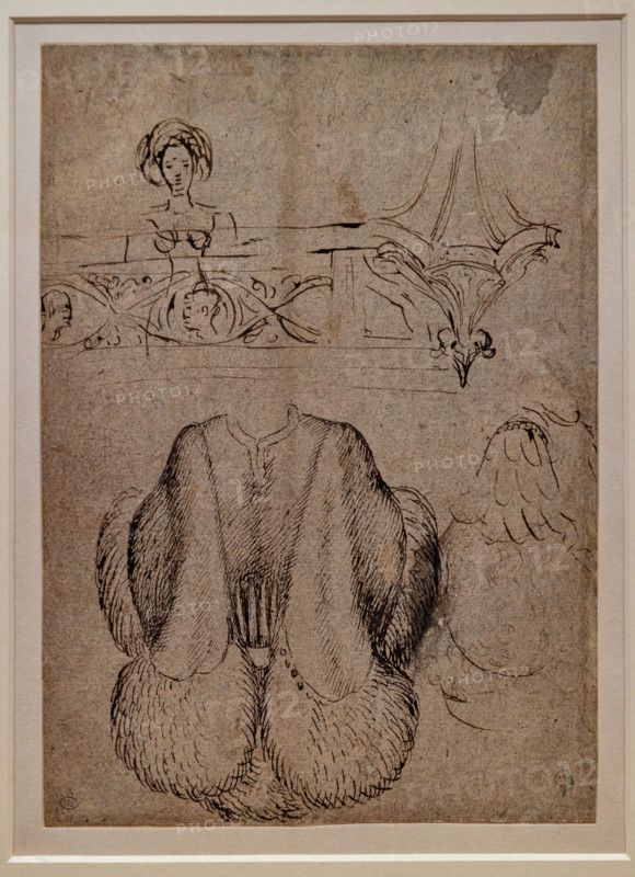 “Woman looking out from an openwork parapet, foliate base and two studies of men’s clothes”, by Antonio di Puccio, known as Pisanello, Pen and brown ink, grey ink watercolours on paper, before 1433.
Musée du Louvre, Parigi - Paris, Francia - France