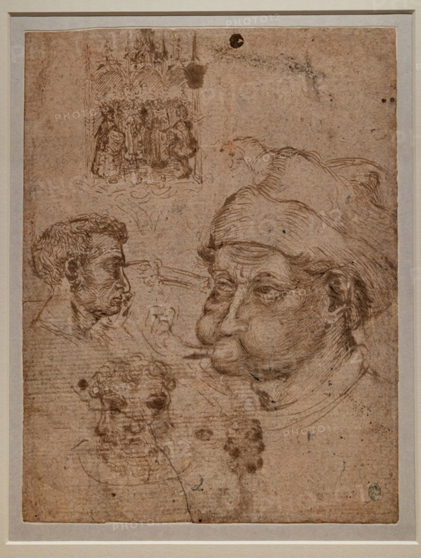 “Studi di quattro teste maschili, un’ancona e un cavallo”, di Antonio di Puccio, detto il Pisanello, Penna e inchiostro bruno, tracce di matita rossa su carta, prima del 1433. 

[ENG]
“Studies for four male heads, an altarpiece, a horse”, by Antonio di Puccio, known as Pisanello, pen and brown ink, traces of red pencil on paper, before 1433.
Musée du Louvre, Parigi - Paris, Francia - France