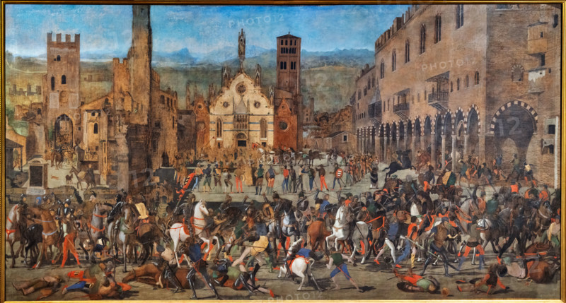 “La cacciata dei Bonacolsi”, di Domenico Morone, tempera grassa su tela, 1494.

Il quadro fu commissionato a Domenico Morone dal quarto marchese di Mantova, Francesco II Gonzaga illustra la vittoriosa battaglia che, il 16 agosto 1328, Luigi I Gonzaga ingaggiò a Mantova contro Rinaldo Bonacolsi per il possesso della città. 
Nell'opera è rappresentato sia l'infuriare della battaglia nella principale piazza cittadina (oggi piazza Sordello), come raccontata dai vecchi cronisti, sia l'architettura della città così come appariva nel momento in cui il Morone la ritrasse, con le sue torri, i palazzi e  la piazza. In fondo, al centro, la cattedrale di Mantova, appare rappresentata con la facciata tardogotica dell'architetto veneziano Jacobello dalle Masegne, ornata con le sculture del fratello Pierpaolo e di Giacomino da Pavia.

[ENG]
“The Expulsion of the Bonacolsi”, by Domenico Moroni, egg tempera on canvas, 1494.

The painting was commissioned to Domenico Morone by the fourth Marquis...