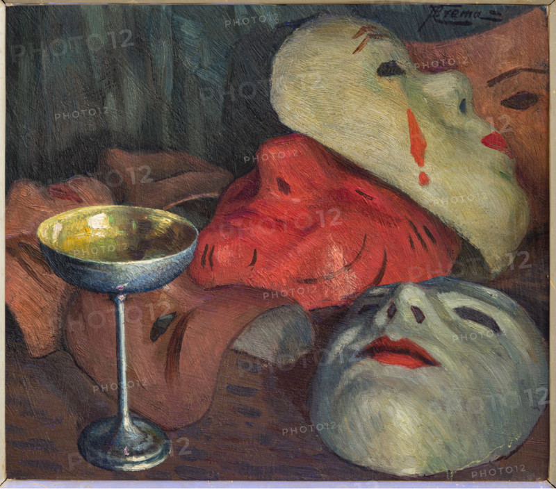 “Natura morta con maschere e calice, di Giovanni Battista Crema (FE 1883 - 1964).
Olio su compensato, cm. 32 x 36,5.
Collezione Assicoop, inv. n° 812.
Collezione Assicoop - Unipol, Modena (MO), Emilia Romagna, Italia - Italy