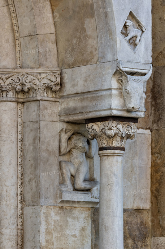 Fidenza, duomo (Cattedrale di San Donnino), facciata, portale sinistro, protiro: telamone, capitello e mensola con bucranio (a destra) .
Opera di Benedetto Antelami e bottega.

[ENG]
Fidenza, duomo (Cathedral of San Donnino), façade, left portal, prothyrum: telamon, capital and corbel with bucranium (right).
Work by Benedetto Antelami and workshop.
Cattedrale di San Donnino, Fidenza (PR), Emilia-Romagna, Italia - Italy