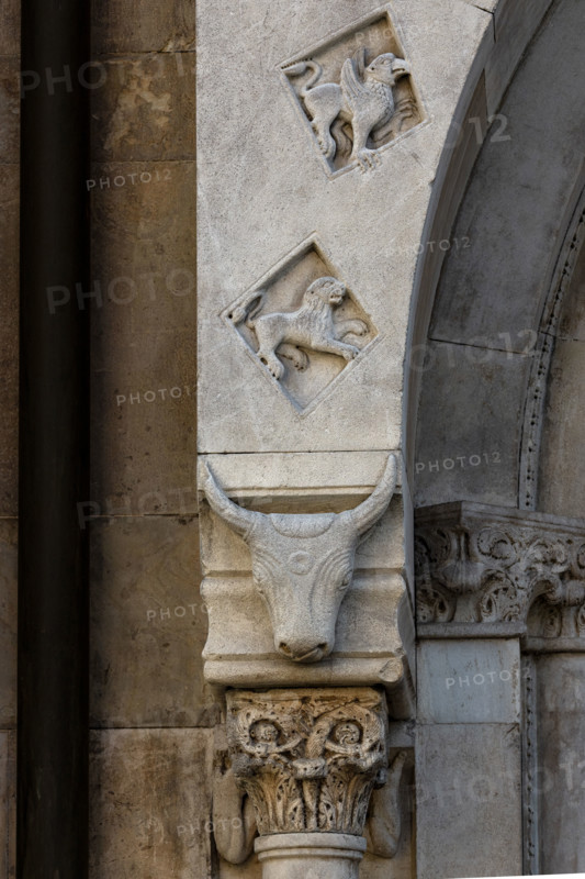 Fidenza, duomo (Cathedral of San Donnino), façade, left portal, prothyrum: telamon, capital and corbel with bucranium (left).
Work by Benedetto Antelami and workshop.
Cattedrale di San Donnino, Fidenza (PR), Emilia-Romagna, Italia - Italy