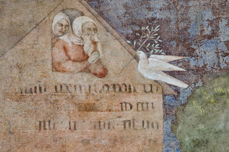 Pisa, Camposanto monumentale:
 ”Diluvio Universale”;  affreschi di Piero di Puccio, 1389/1391.
Particolare con colomba e ramoscello di ulivo.

[ENG]
Pisa, Monumental Cemetery: 
 “Great Flood”; frescoes by Piero di Puccio - 1389/1391. 
Detail with dove and olive branch.
Camposanto Monumentale, Pisa (PI), Toscana - Tuscany, Italia - Italy