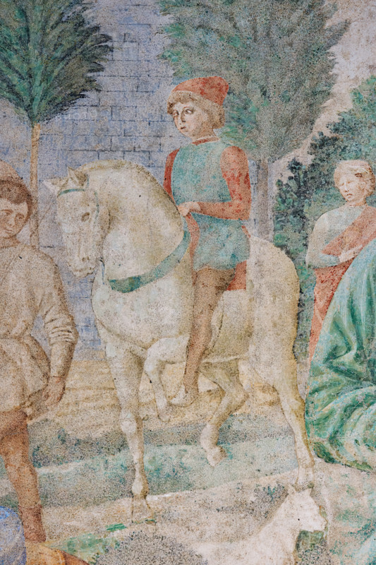 Pisa, Monumental Cemetery: 
 “Construction of the Tower of Babel”, frescoes by Benozzo Gozzoli, 1469/70. 
Detail of a man on horseback and trees.
Camposanto Monumentale, Pisa (PI), Toscana - Tuscany, Italia - Italy