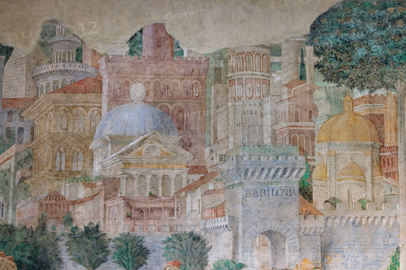 Pisa, Monumental Cemetery: 
“Construction of the Tower of Babel”, frescoes by Benozzo Gozzoli, 1469/70. 
Detail with trees and urban landscape.
Camposanto Monumentale, Pisa (PI), Toscana - Tuscany, Italia - Italy