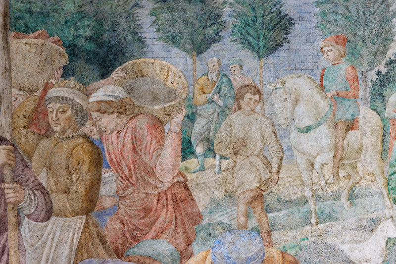 Pisa, Camposanto monumentale:
“Costruzione della Torre di Babele”, affreschi di Benozzo Gozzoli, 1469/70.
Particolare di uomo a cavallo, uomini al lavoro e alberi.

[ENG]
Pisa, Monumental Cemetery: 
 “Construction of the Tower of Babel”, frescoes by Benozzo Gozzoli, 1469/70. 
Detail of a man on horseback, men at work and trees.
Camposanto Monumentale, Pisa (PI), Toscana - Tuscany, Italia - Italy