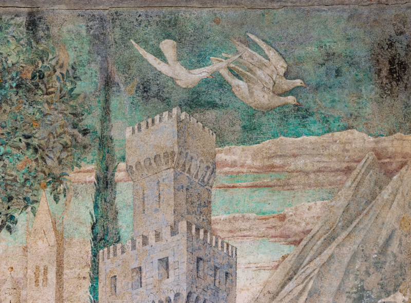 Pisa, Camposanto monumentale:
“Costruzione della Torre di Babele”, affreschi di Benozzo Gozzoli, 1469/70.
Particolare con torre, albero e colombe.

[ENG]
Pisa, Monumental Cemetery: 
 “Construction of the Tower of Babel”, frescoes by Benozzo Gozzoli, 1469/70. 
Detail with tower, tree and doves.
Camposanto Monumentale, Pisa (PI), Toscana - Tuscany, Italia - Italy