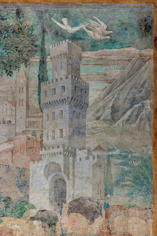 Pisa, Camposanto monumentale:
“Costruzione della Torre di Babele”, affreschi di Benozzo Gozzoli, 1469/70.
Particolare con torre, albero e colombe.

[ENG]
Pisa, Monumental Cemetery: 
 “Construction of the Tower of Babel”, frescoes by Benozzo Gozzoli, 1469/70. 
Detail with tower, tree and doves.
Camposanto Monumentale, Pisa (PI), Toscana - Tuscany, Italia - Italy
