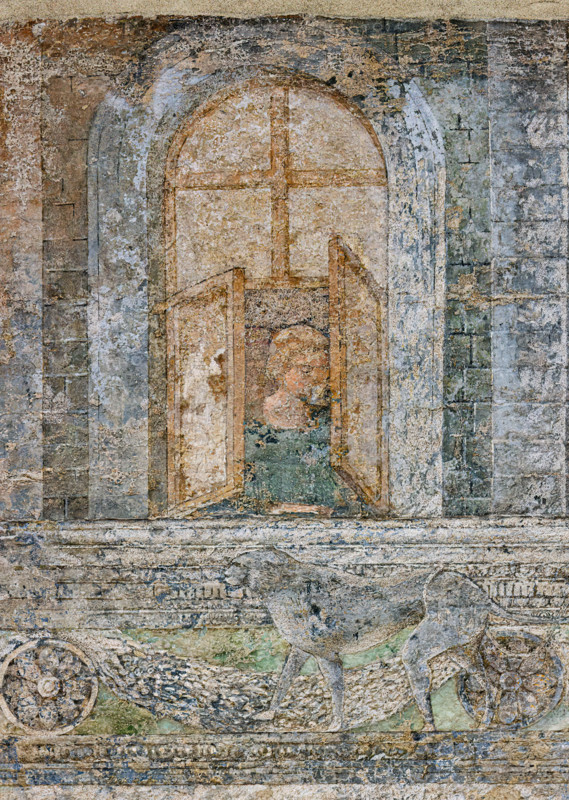 Pisa, Monumental Cemetery: 
 "Joseph at the Court of Pharaoh”, frescoes by Benozzo Gozzoli, 1477.
Detail with woman at a window.
Camposanto Monumentale, Pisa (PI), Toscana - Tuscany, Italia - Italy