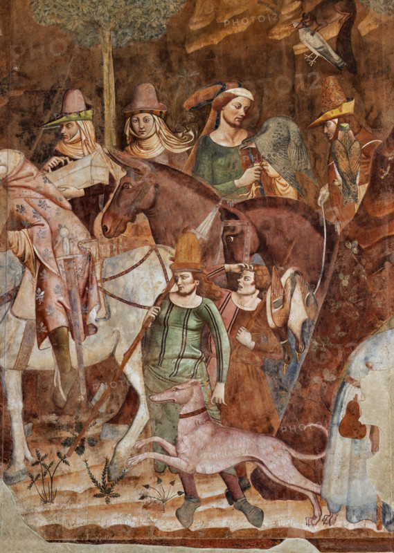 Pisa, Camposanto monumentale: ”Trionfo della Morte”, particolare degli affreschi di Buonamico Buffalmacco, 1336/1341. Dettaglio con nobili cavalieri e falconieri, cavalli e levriero, falcone.

[ENG]
Pisa, Monumental Cemetery: "Triumph of Death," detail of the frescoes by Buonamico Buffalmacco, 1336/1341. Detail with noble knights and falconers, horses and a greyhound, and a falcon.
Camposanto Monumentale, Pisa (PI), Toscana - Tuscany, Italia - Italy