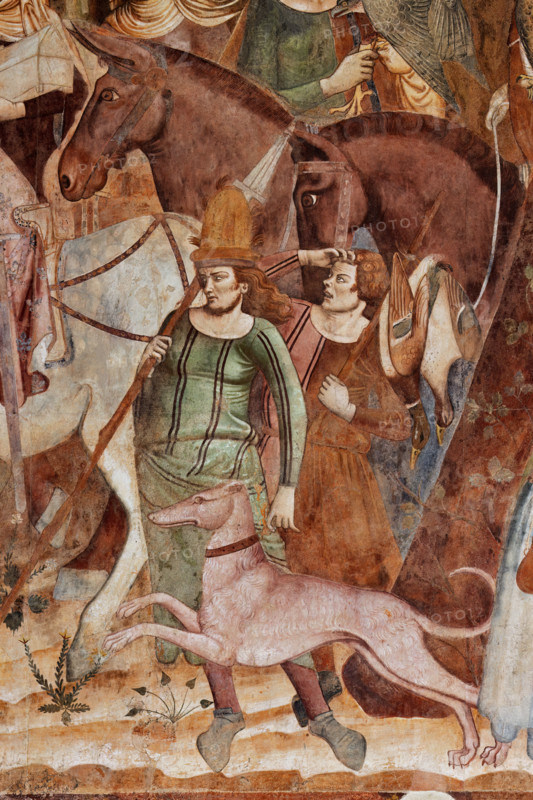 Pisa, Monumental Cemetery: "Triumph of Death," detail of the frescoes by Buonamico Buffalmacco, 1336/1341. Detail with noble knights and falconers, horses and a greyhound, and a falcon.
Camposanto Monumentale, Pisa (PI), Toscana - Tuscany, Italia - Italy