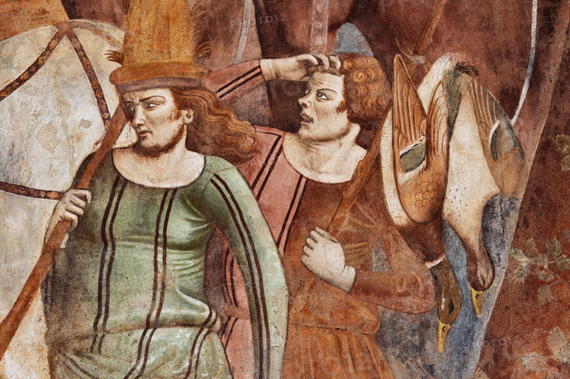 Pisa, Monumental Cemetery: "Triumph of Death," detail of the frescoes by Buonamico Buffalmacco, 1336/1341. Detail with noble knights and falconers, horses and birds.
Camposanto Monumentale, Pisa (PI), Toscana - Tuscany, Italia - Italy