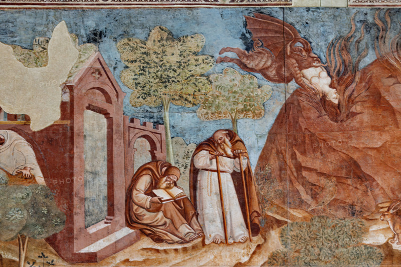 Pisa, Camposanto monumentale: ”Trionfo della Morte”, particolare degli affreschi di Buonamico Buffalmacco, 1336/1341. Dettaglio con  descrizione della vita eremitica.

[ENG]
Pisa, Monumental Cemetery: "Triumph of Death," detail of the frescoes by Buonamico Buffalmacco, 1336/1341. Detail with description of the hermit life.
Camposanto Monumentale, Pisa (PI), Toscana - Tuscany, Italia - Italy