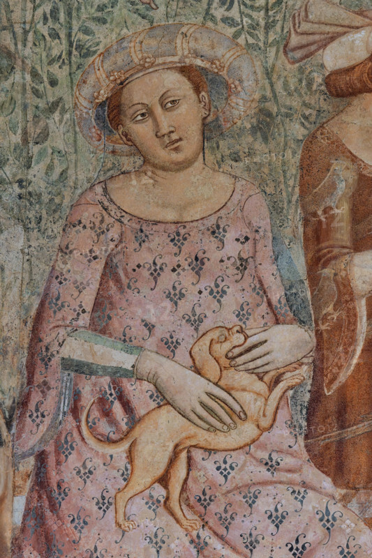 Pisa, Camposanto monumentale: ”Trionfo della Morte”, particolare degli affreschi di Buonamico Buffalmacco, 1336/1341. A sinistra, dettaglio con anime di morti di peste afferrate da diavoli. A destra, particolare di scena cortese: “I dieci giovani nel verziere”.  Giovane donna con cane.

[ENG]
Pisa, Monumental Cemetery: "Triumph of Death," detail of the frescoes by Buonamico Buffalmacco, 1336/1341. On the left, a detail of the souls of plague victims being seized by devils. On the right, a detail of a courtly scene: "The Ten Youths in the Garden."  Young woman with dog.
Camposanto Monumentale, Pisa (PI), Toscana - Tuscany, Italia - Italy