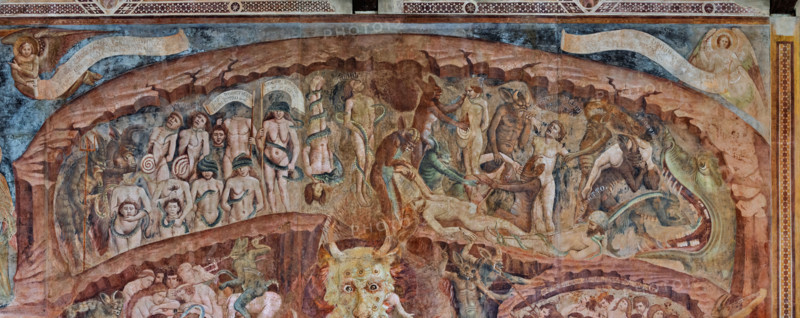 Pisa, Camposanto monumentale:
“Inferno”.  Affreschi di Buonamico Buffalmacco, 1336/1341.
A sinistra, particolare con il girone degli indovini e degli idolatri.
A destra, particolare con il girone di scismatici e scomunicati. In basso è raffigurato Maometto.

[ENG]
Pisa, Monumental Cemetery: “Hell”. Frescoes by Buonamico Buffalmacco, 1336/1341.
On the left, detail with the circle of soothsayers and idolaters.
On the right. detail with the circle of schismatics and excommunicated. Muhammad is depicted at the bottom.
Camposanto Monumentale, Pisa (PI), Toscana - Tuscany, Italia - Italy