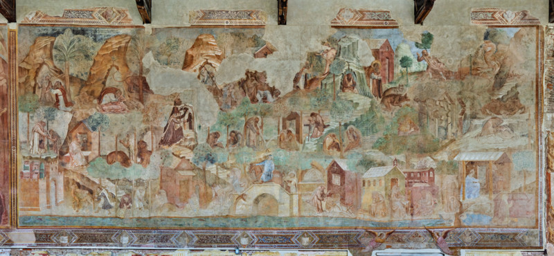 Pisa, Camposanto Monumentale: “Tebaide”,
storie degli Eremiti e dei Santi Padri ispirate alla “Vitae Patrum” del canonico domenicano Cavalca. Affresco su più livelli in orizzontale e verticale con episodi incastrati l'uno all'altro: S.Paolo (primo eremita) incontra Sant'Antonio, Sant'Antonio caccia il demonio, Sant'Antonio davanti a Dio, Sant'Ilarione alle prese con il drago Epidauro, S.Maria Egiziaca comunicata dall'abate Zisimo, S.Martina e S.Macario, Sant'Onofrio, il discepolo Panunzio.
Affreschi di Buonamico Buffalmacco, 1336/1341.

[ENG]
Pisa, Monumental Cemetery: “Thebaid”, Stories of the Hermits and the Holy Fathers inspired by the Vitae Patrum by the Dominican Domenico Canon Cavalca. Fresco on multiple horizontal and vertical levels with interlocking episodes: St. Paul (the first hermit) meets St. Anthony, St. Anthony casting out the devil, St. Anthony before God, St. Hilarion battling the dragon of Epidaurus, St. Mary of Egypt receiving communion from Abbot Zisimo, St. Ma...