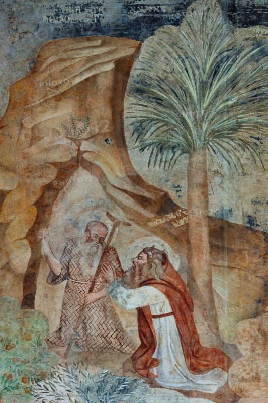 Pisa, Camposanto Monumentale: “Tebaide”,
storie degli Eremiti e dei Santi Padri ispirate alla “Vitae Patrum” del canonico domenicano Cavalca. Particolare con S.Paolo (primo eremita) che incontra Sant'Antonio. Affreschi di Buonamico Buffalmacco, 1336/1341.

[ENG]
Pisa, Monumental Cemetery: “Thebaid”, Stories of the Hermits and the Holy Fathers inspired by the Vitae Patrum by the Dominican Domenico Canon Cavalca. Detail with St. Paul (the first hermit) meeting St. Anthony.
Frescoes by Buonamico Buffalmacco, 1336/1341.
Camposanto Monumentale, Pisa (PI), Toscana - Tuscany, Italia - Italy