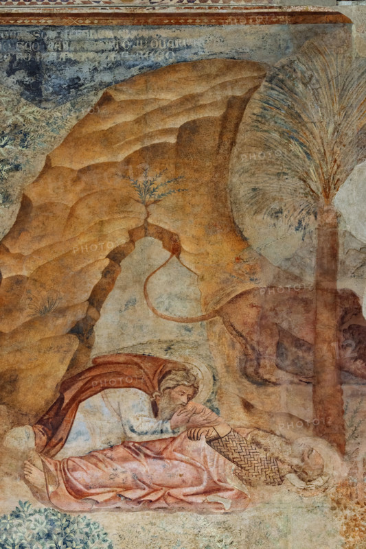 Pisa, Monumental Cemetery: “Thebaid”, Stories of the Hermits and the Holy Fathers inspired by the Vitae Patrum by the Dominican Domenico Canon Cavalca. Detail with episode with St. Anthony watching over the dying St. Paul.
Frescoes by Buonamico Buffalmacco, 1336/1341.
Camposanto Monumentale, Pisa (PI), Toscana - Tuscany, Italia - Italy
