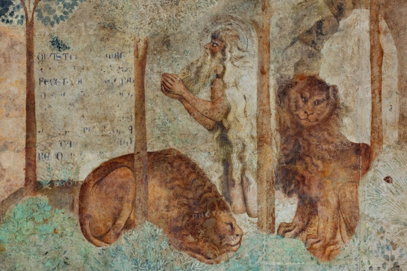 Pisa, Monumental Cemetery: “Thebaid”, Stories of the Hermits and the Holy Fathers inspired by the Vitae Patrum by the Dominican Domenico Canon Cavalca. Detail with lions.
Frescoes by Buonamico Buffalmacco, 1336/1341.
Camposanto Monumentale, Pisa (PI), Toscana - Tuscany, Italia - Italy