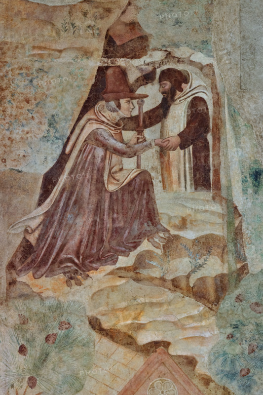 Pisa, Camposanto Monumentale: “Tebaide”,
storie degli Eremiti e dei Santi Padri ispirate alla “Vitae Patrum” del canonico domenicano Cavalca. Particolare con l’episodio della Pellegrina Tentatrice. La bella ignota nello sguardo tentatore, ancor più che nelle zampe artigliate, rivela la sua essenza diabolica.
Affreschi di Buonamico Buffalmacco, 1336/1341.

[ENG]
Pisa, Monumental Cemetery: “Thebaid”, Stories of the Hermits and the Holy Fathers inspired by the Vitae Patrum by the Dominican Domenico Canon Cavalca. Detail of the episode of the Temptress Pilgrim. The beautiful unknown woman's tempting gaze, even more than her clawed paws, reveals her diabolical nature.
Frescoes by Buonamico Buffalmacco, 1336/1341.
Camposanto Monumentale, Pisa (PI), Toscana - Tuscany, Italia - Italy