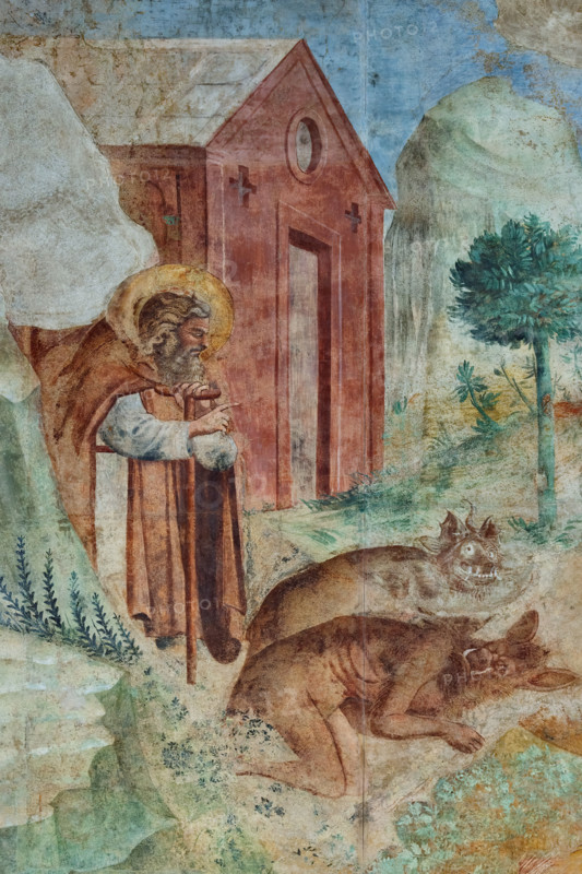Pisa, Camposanto Monumentale: “Tebaide”,
storie degli Eremiti e dei Santi Padri ispirate alla “Vitae Patrum” del canonico domenicano Cavalca. Particolare con Sant'Antonio che caccia il demonio. Affreschi di Buonamico Buffalmacco, 1336/1341.

[ENG]
Pisa, Monumental Cemetery: “Thebaid”, Stories of the Hermits and the Holy Fathers inspired by the Vitae Patrum by the Dominican Domenico Canon Cavalca. Detail with St. Anthony casting out the devil.
Frescoes by Buonamico Buffalmacco, 1336/1341.
Camposanto Monumentale, Pisa (PI), Toscana - Tuscany, Italia - Italy