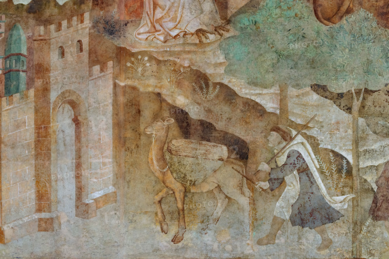 Pisa, Camposanto Monumentale: “Tebaide”,
storie degli Eremiti e dei Santi Padri ispirate alla “Vitae Patrum” del canonico domenicano Cavalca. 
La parte inferiore dell’opera nella parte a sinistra un altro monaco si avvicina alla porta della città con un cammello carico. 
Affreschi di Buonamico Buffalmacco, 1336/1341.


[ENG]
Pisa, Monumental Cemetery: “Thebaid”, Stories of the Hermits and the Holy Fathers inspired by the Vitae Patrum by the Dominican Domenico Canon Cavalca. 
The lower part of the work depicts, on the left, a monk approaching the city gate with a loaded camel .
Frescoes by Buonamico Buffalmacco, 1336/1341.
Camposanto Monumentale, Pisa (PI), Toscana - Tuscany, Italia - Italy