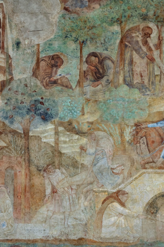 Pisa, Monumental Cemetery: “Thebaid”, Stories of the Hermits and the Holy Fathers inspired by the Vitae Patrum by the Dominican Domenico Canon Cavalca. 
Detail with monks and trees.
Frescoes by Buonamico Buffalmacco, 1336/1341.
Camposanto Monumentale, Pisa (PI), Toscana - Tuscany, Italia - Italy