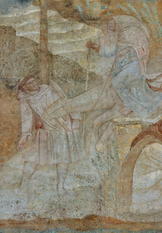Pisa, Monumental Cemetery: “Thebaid”, Stories of the Hermits and the Holy Fathers inspired by the Vitae Patrum by the Dominican Domenico Canon Cavalca. 
Detail with monks and a horse.
Frescoes by Buonamico Buffalmacco, 1336/1341.
Camposanto Monumentale, Pisa (PI), Toscana - Tuscany, Italia - Italy