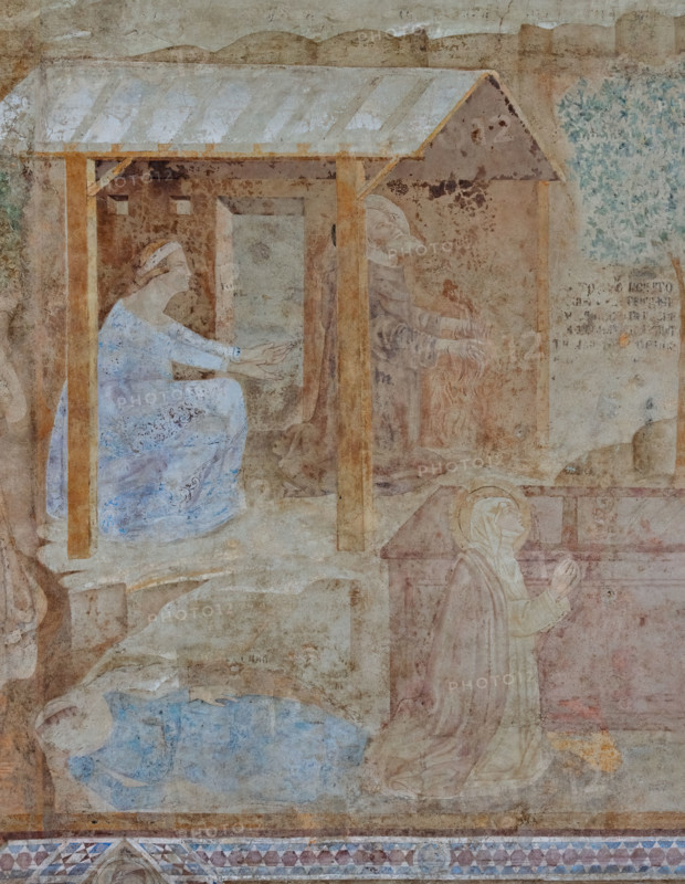 Pisa, Monumental Cemetery: “Thebaid”, Stories of the Hermits and the Holy Fathers inspired by the Vitae Patrum by the Dominican Domenico Canon Cavalca. 
Detail with woman, saints and monk.
Frescoes by Buonamico Buffalmacco, 1336/1341.
Camposanto Monumentale, Pisa (PI), Toscana - Tuscany, Italia - Italy