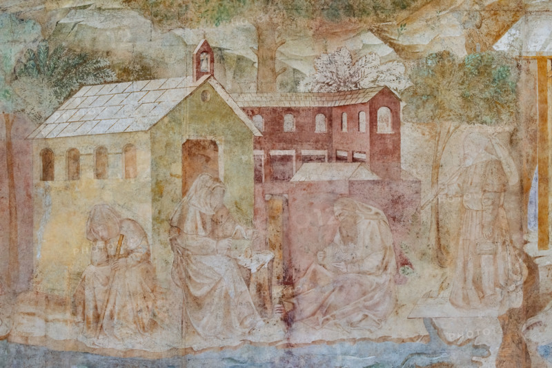 Pisa, Monumental Cemetery: “Thebaid”, Stories of the Hermits and the Holy Fathers inspired by the Vitae Patrum by the Dominican Domenico Canon Cavalca. 
Detail with monks, buildings (a church) and trees.
Frescoes by Buonamico Buffalmacco, 1336/1341.
Camposanto Monumentale, Pisa (PI), Toscana - Tuscany, Italia - Italy