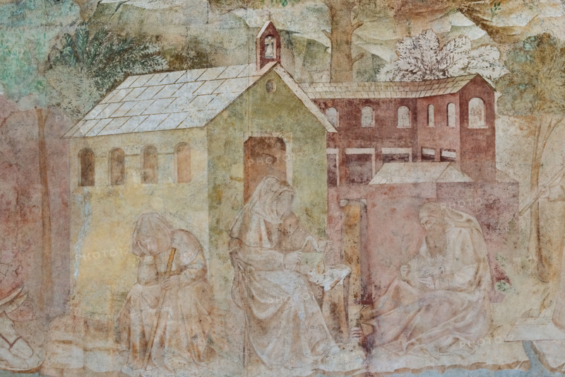 Pisa, Monumental Cemetery: “Thebaid”, Stories of the Hermits and the Holy Fathers inspired by the Vitae Patrum by the Dominican Domenico Canon Cavalca. 
Detail with monks, buildings (a church) and trees.
Frescoes by Buonamico Buffalmacco, 1336/1341.
Camposanto Monumentale, Pisa (PI), Toscana - Tuscany, Italia - Italy