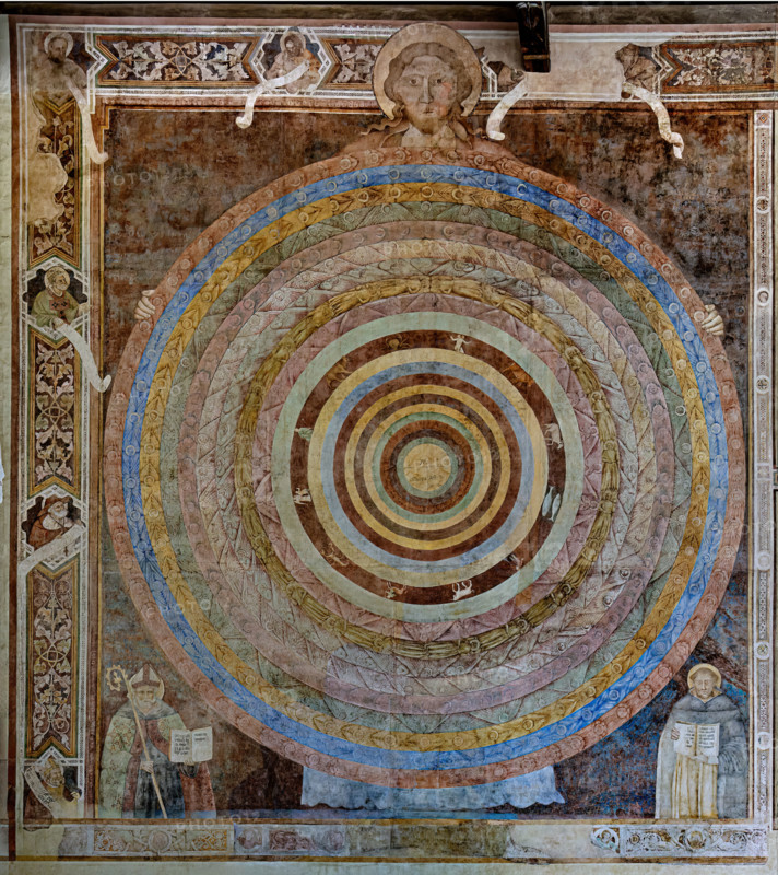 Pisa, Camposanto monumentale:
“Cosmografia teologica” (i grandi cerchi concentrici alludono alla Terra e alle sfere celesti, gli elementi, i pianeti; in basso agli angoli, S. Agostino e S. Tommaso d’Aquino),  affreschi di Piero di Puccio, 1389/1391.


[ENG]
Pisa, Monumental Cemetery: 
“Theological Cosmography” (the large concentric circles allude to the Earth and the celestial spheres, the elements, the planets; at the bottom in the corners, St. Augustine and St. Thomas Aquinas), frescoes by Piero di Puccio, 1389/1391.
Camposanto Monumentale, Pisa (PI), Toscana - Tuscany, Italia - Italy