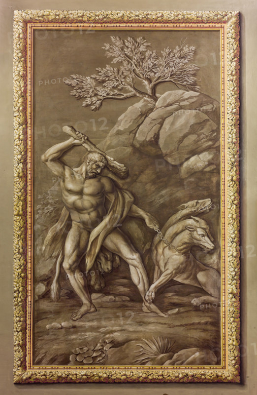 Palermo, The Royal Palace or Palazzo dei Normanni (Palace of the Normans), the Royal Apartment, The Hercules Hall (Parliament of the Sicily Regional Assembly): one of the monochromes with the labours of Hercules, dry wall painting by Giuseppe Velasco, 1812.
Palazzo Reale (Palazzo dei Norma, Palermo (PA), Sicilia - Sicily, Italia - Italy