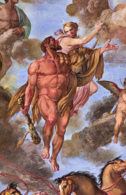 Palermo, Palazzo Reale o Palazzo dei Normanni, Appartamento Reale, Sala d'Ercole (Parlamento
dell'Assemblea Regionale Siciliana), la volta: "Apoteosi di Ercole", pittura murale di Giuseppe Velasco, 1812. Particolare con Artemide.

[ENG]
Palermo, The Royal Palace or Palazzo dei Normanni (Palace of the Normans), the Royal Apartment, The Hercules Hall (Parliament of the Sicily Regional Assembly), the vault: "Apotheosis of Hercules", wall painting by Giuseppe Velasco, 1812. Detail representing Artemis.
Palazzo Reale (Palazzo dei Norma, Palermo (PA), Sicilia - Sicily, Italia - Italy