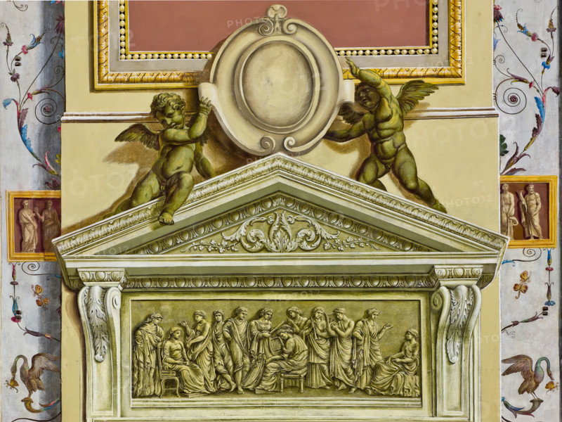 Palermo, The Royal Palace or Palazzo dei Normanni (Palace of the Normans), the Royal Apartment, The Hercules Hall (Parliament of the Sicily Regional Assembly): detail of decorative frieze (dry wall painting).
Palazzo Reale (Palazzo dei Norma, Palermo (PA), Sicilia - Sicily, Italia - Italy