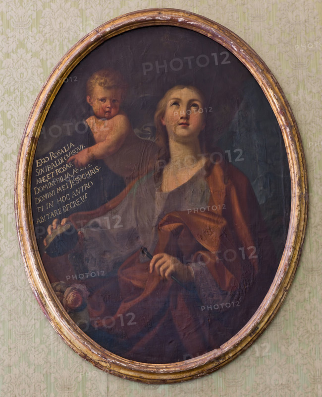 Palermo, Palazzo Reale o Palazzo dei Normanni, Appartamento Reale,  Torre Greca, appartamento di Carlo III di Borbone (Sala Formica): dipinto che rappresente Santa Rosalia (Rosalia de' Sinibaldi), patrona di Palermo.

[ENG]
Palermo, The Royal Palace or Palazzo dei Normanni (Palace of the Normans), The Greek Tower, the Apartment of Charles III Borbone (The Formica Hall: a painting representing Saint Rosalia (Rosalia de' Sinibaldi), patron Saint of Palermo.
Palazzo Reale (Palazzo dei Norma, Palermo (PA), Sicilia - Sicily, Italia - Italy