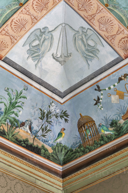 Palermo, The Royal Palace or Palazzo dei Normanni (Palace of the Normans), The Royal Apartment, the Birds Room, the frescoed vault: detail with parrots, a cage and flowers.
Palazzo Reale (Palazzo dei Norma, Palermo (PA), Sicilia - Sicily, Italia - Italy