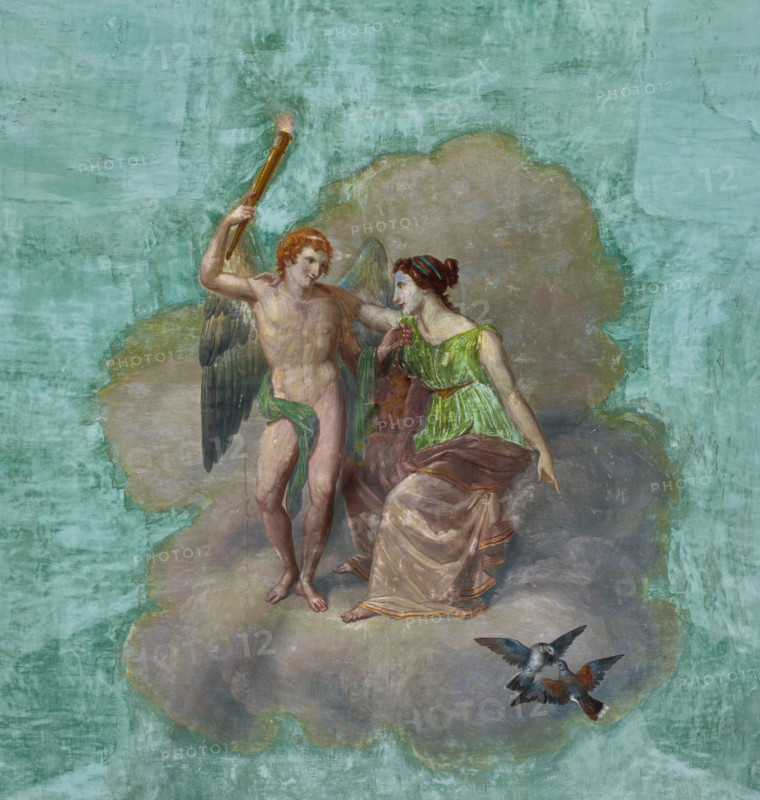 Palermo, Palazzo Reale o Palazzo dei Normanni, Appartamento Reale, Sala   degli Uccell, volta affrescata: dettaglio con uccelli, e Amore e Psiche.

[ENG]
Palermo, The Royal Palace or Palazzo dei Normanni (Palace of the Normans), The Royal Apartment, the Birds Room, the frescoed vault: detail with birds, and  Cupid and Psyche.
Palazzo Reale (Palazzo dei Norma, Palermo (PA), Sicilia - Sicily, Italia - Italy