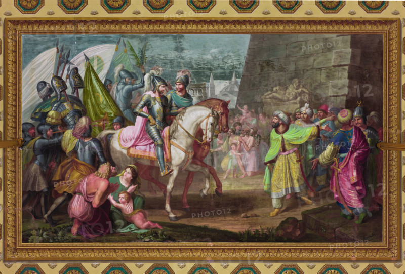 Palermo, Palazzo Reale o Palazzo dei Normanni, Appartamento Reale, Sala Gialla: "L'ingresso di Roberto I Guiscardo e del conte Ruggero a Palermo", pittura murale a secco di  Giovanni Patricolo, 1835 circa.
[ENG]
Palermo, The Royal Palace or Palazzo dei Normanni (Palace of the Normans), The Royal Apartment, The Yellow Room: " Roberto I Guiscardo and of Count Ruggero entering in Palermo", dry wall painting by Giovanni Patricolo, about 1835.
Palazzo Reale (Palazzo dei Norma, Palermo (PA), Sicilia - Sicily, Italia - Italy