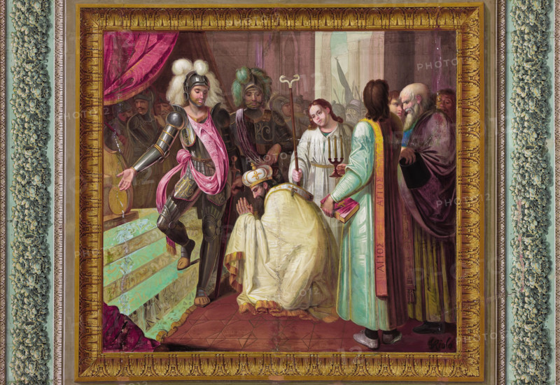 Palermo, The Royal Palace or Palazzo dei Normanni (Palace of the Normans), The Royal Apartment, The Yellow Room: "Count Roger returns the bishop's throne to Nicodemus", dry wall painting by Vincenzo Riolo, about 1835.
Palazzo Reale (Palazzo dei Norma, Palermo (PA), Sicilia - Sicily, Italia - Italy