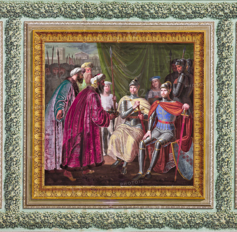 Palermo, The Royal Palace or Palazzo dei Normanni (Palace of the Normans), The Royal Apartment, The Yellow Room: "Muslims offering presents to the Altavilla Brothers", dry wall painting by Giuseppe Patania, about 1835.
Palazzo Reale (Palazzo dei Norma, Palermo (PA), Sicilia - Sicily, Italia - Italy