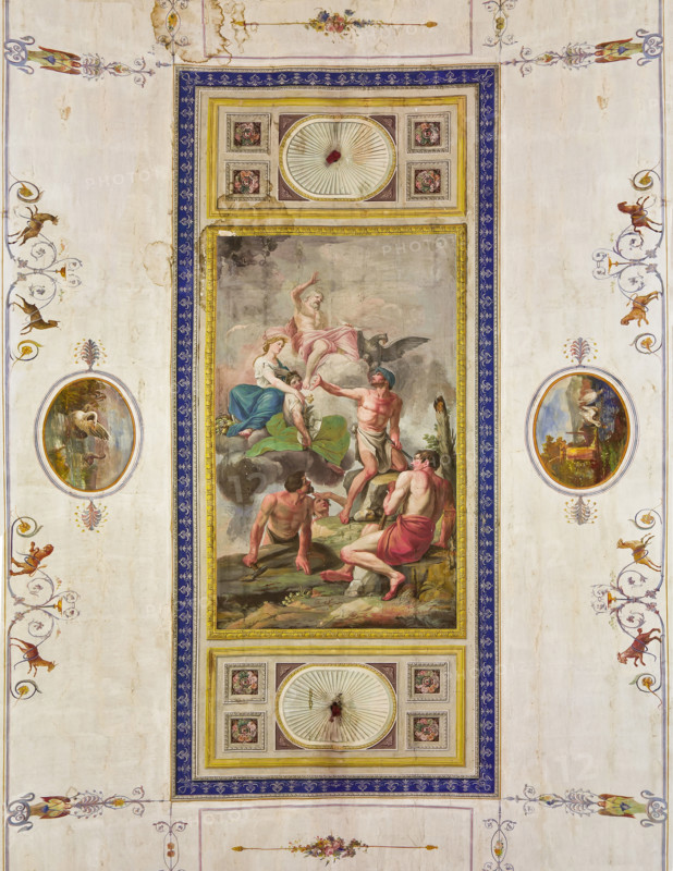 Palermo, Palazzo Reale o Palazzo dei Normanni, Appartamento Reale, Sala Rossa, la volta: "Apoteosi del lavoro, dell'agricoltura, delle arti e delle scienze" di Benedetto Codardi. Raffigurazione allegorica dell'Olimpo con  Giove, Cerere, e Vulcano.

[ENG]
Palermo, The Royal Palace or Palazzo dei Normanni (Palace of the Normans), The Royal Apartment, The Red Room: "Apotheosis of work, agriculture, arts and sciences" by Benedetto Codardi. Allegorical depiction of  the Olympus with Jupiter, Ceres, and Vulcan.
Palazzo Reale (Palazzo dei Norma, Palermo (PA), Sicilia - Sicily, Italia - Italy