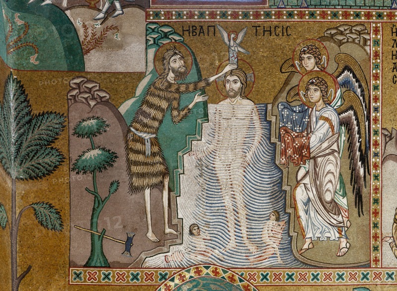 Palermo, Palazzo Reale o Palazzo dei Normanni,  Cappella Palatina (Basilica),navata centrale, ciclo di mosaici sulla vita di Gesù: "Il Battesimo di Cristo", XII secolo.

[ENG]
Palermo, The Royal Palace or Palazzo dei Normanni (Palace of the Normans), The Palatine Chapel (Basilica), the nave, cycle of mosaics on the life of Jesus: "The Baptism of Christ", XII century.
Palazzo Reale (Palazzo dei Norma, Palermo (PA), Sicilia - Sicily, Italia - Italy