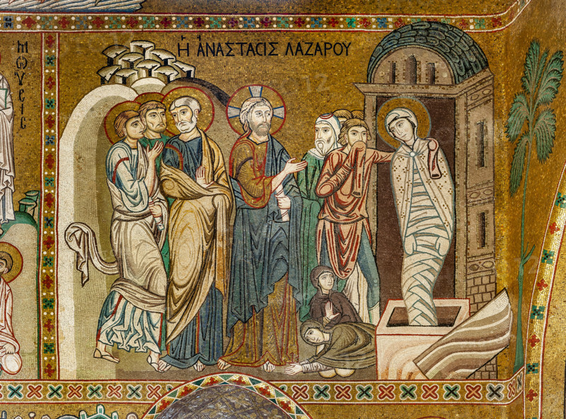 Palermo, Palazzo Reale o Palazzo dei Normanni,  Cappella Palatina (Basilica),navata centrale, ciclo di mosaici sulla vita di Gesù: la "La Resurrezione di Lazzaro", XII secolo.

[ENG]
Palermo, The Royal Palace or Palazzo dei Normanni (Palace of the Normans), The Palatine Chapel (Basilica), the nave, cycle of mosaics on the life of Jesus: the "The Resurrection of Lazarus", XII century.
Palazzo Reale (Palazzo dei Norma, Palermo (PA), Sicilia - Sicily, Italia - Italy