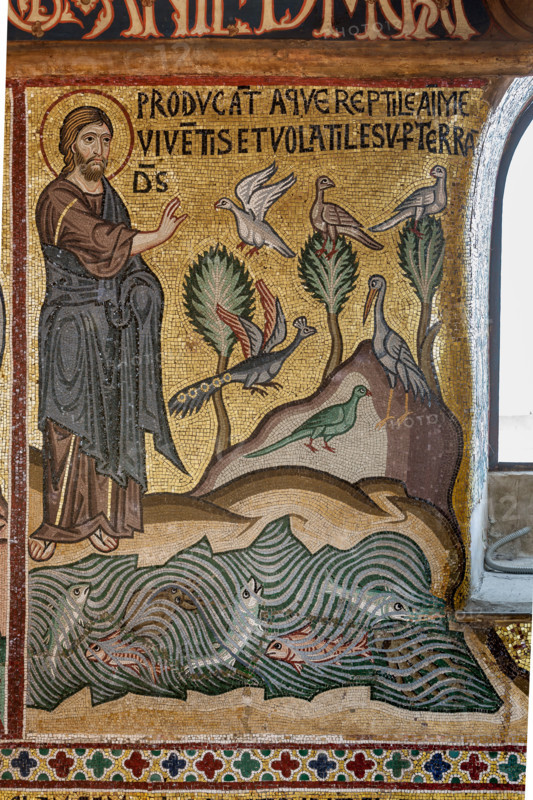 Palermo, Palazzo Reale o Palazzo dei Normanni,  Cappella Palatina (Basilica), ciclo di mosaici Vecchio Testamento, ciclo della Creazione: "Creazione dei pesci e degli uccelli", XII secolo.

[ENG]
Palermo, The Royal Palace or Palazzo dei Normanni (Palace of the Normans), The Palatine Chapel (Basilica), cycle of mosaics on the Old Testament, cycle of the Creation: "The Creation of Fish and Birds", XII century.
Palazzo Reale (Palazzo dei Norma, Palermo (PA), Sicilia - Sicily, Italia - Italy