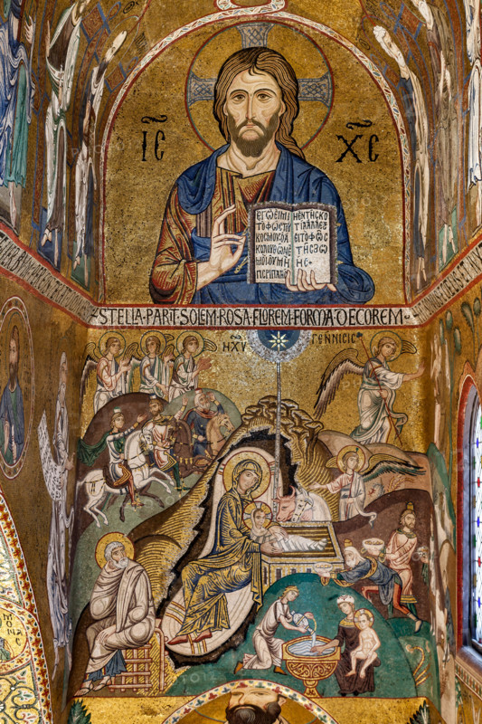 Palermo, Palazzo Reale o Palazzo dei Normanni,  Cappella Palatina (Basilica), abside meridionale o absidiola di San Paolo, mosaici: "Cristo Pantocrator" e "Natività", secolo XII.

[ENG]
Palermo, The Royal Palace or Palazzo dei Normanni (Palace of the Normans), The Palatine Chapel (Basilica), Southern apse or St. Paul's "absidiola", mosaics: "Christ Pantocrator" and "Nativity", XII century.
Palazzo Reale (Palazzo dei Norma, Palermo (PA), Sicilia - Sicily, Italia - Italy
