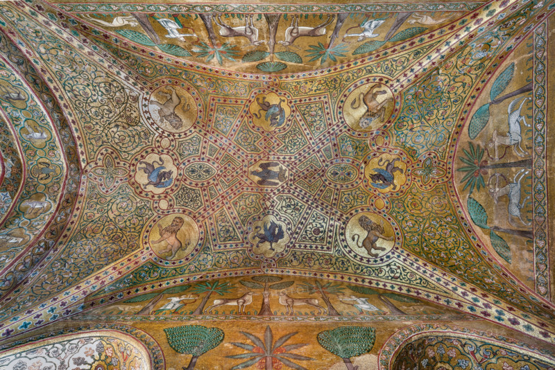 Palermo, The Royal Palace or Palazzo dei Normanni (Palace of the Normans), Pisana Tower, the King Roger Room (the Room which was commissioned by King Roger II d'Altavilla), the vault: the decoration of the vault with mosaics of animals. These mosaics date back to the period of Frederick II.
Palazzo Reale (Palazzo dei Norma, Palermo (PA), Sicilia - Sicily, Italia - Italy