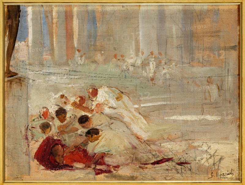 Collezione Assicoop Unipol, inv. n°   966: 
 Giovanni Muzzioli (1854 - 1894); “Personaggi in piazza” (olio su tela, bozzetto, cm. 27 x 35,5).

[ENG]
Giovanni Muzzioli (1854 - 1894); “People in the Square” (oil on canvas, sketch, 27 x 35.5 cm).
Collezione Assicoop - Unipol, Modena (MO), Emilia Romagna, Italia - Italy