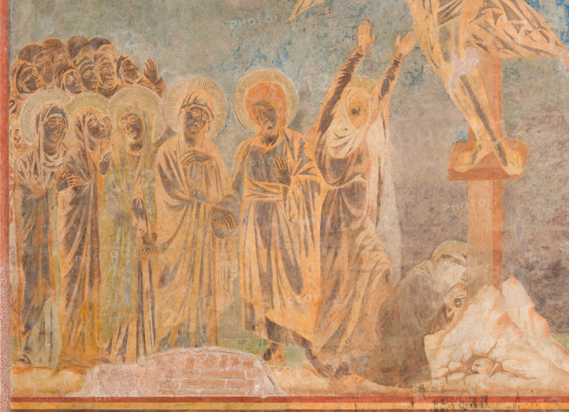 Assisi, Basilica superiore di San Francesco, transetto meridionale, parete est, Crocifissione: particolare con le Pie Donne, la Vergine, San Giovanni Evangelista, la Maddalena e San Francesco ai piedi della croce. 
Affreschi di Cimabue (Cenni di Pepo 1277-1283?).

[ENG]
Assisi, Upper Basilica of San Francesco, south transept, east wall, Crucifixion: detail with the Pious Women, the Virgin, Saint John the Evangelist, the Magdalen and Saint Francis at the foot of the cross.
Frescoes by Cimabue (Cenni di Pepo 1277-1283?).
Basilica superiore di San France, Assisi (PG), Umbria, Italia - Italy