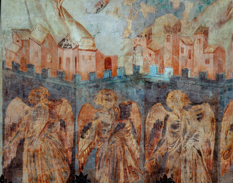 Assisi, Basilica superiore di San Francesco, transetto meridionale, parete sud, “Visioni apocalittiche”: “L’angelo del sesto sigillo e gli angeli dei venti ai quattro angoli della terra”.  Particolare. Affreschi di Cimabue (Cenni di Pepo 1277-1283?) e bottega.

[ENG]
Assisi, Upper Basilica of Saint Francis, the southern transept, the southern wall, “Apocalyptic visions”: “The Angel of the Sixth Seal and the Angels of the Winds at the Four Corners of the Earth.” Detail. Frescoes by Cimabue (Cenni di Pepo 1277-1283?) and workshop.
Basilica di San Francesco, Assisi (PG), Umbria, Italia - Italy